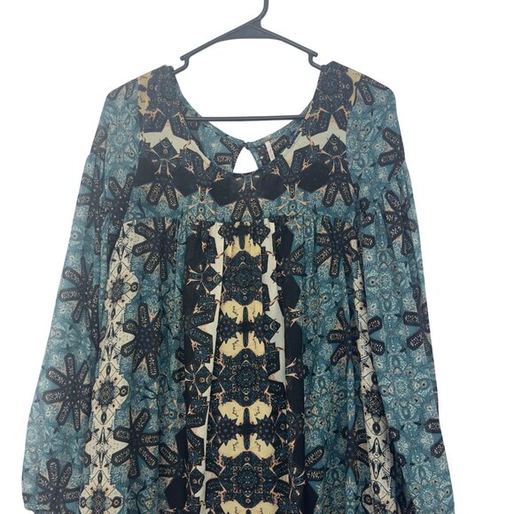 Free People Women SZ XS Boho Long Sleeve Printed Tunic Dress In Blue & Cream - Picture 10 of 14